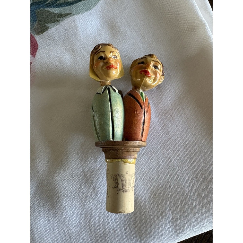 VTG  Italian ANRI Hand Carved WINE Cork Wood Wine Stopper Man Woman Old World